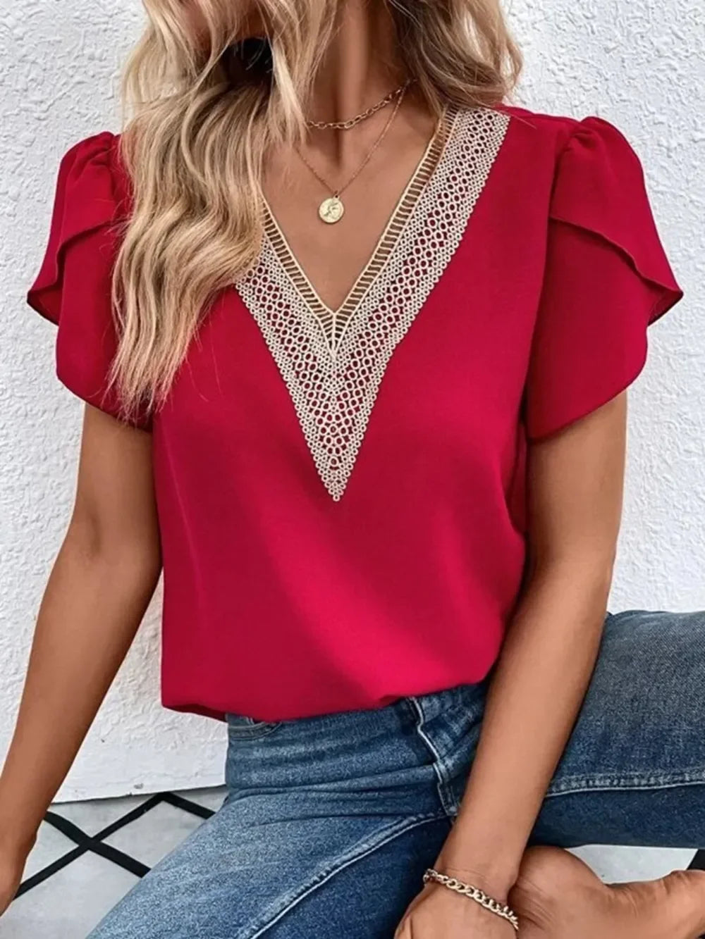 Southern Shores Clothing V-Neck Petal Sleeve 100% Polyester Blouse For Versatile Wear - Southern Shores Clothing