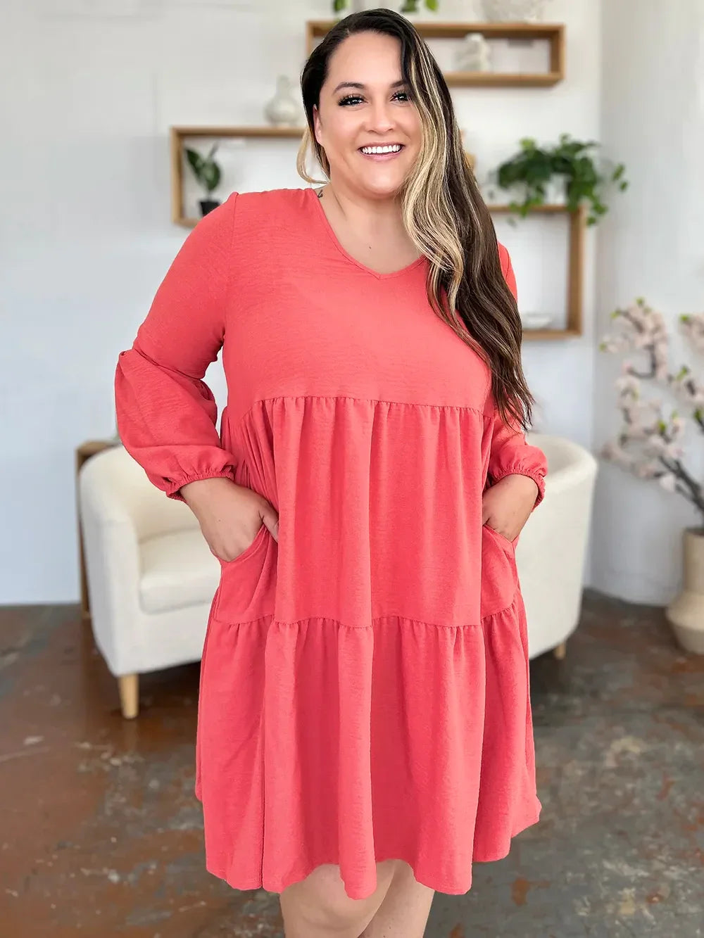 V Neck Balloon Sleeve Tiered Dress With Pockets - Southern Shores Clothing