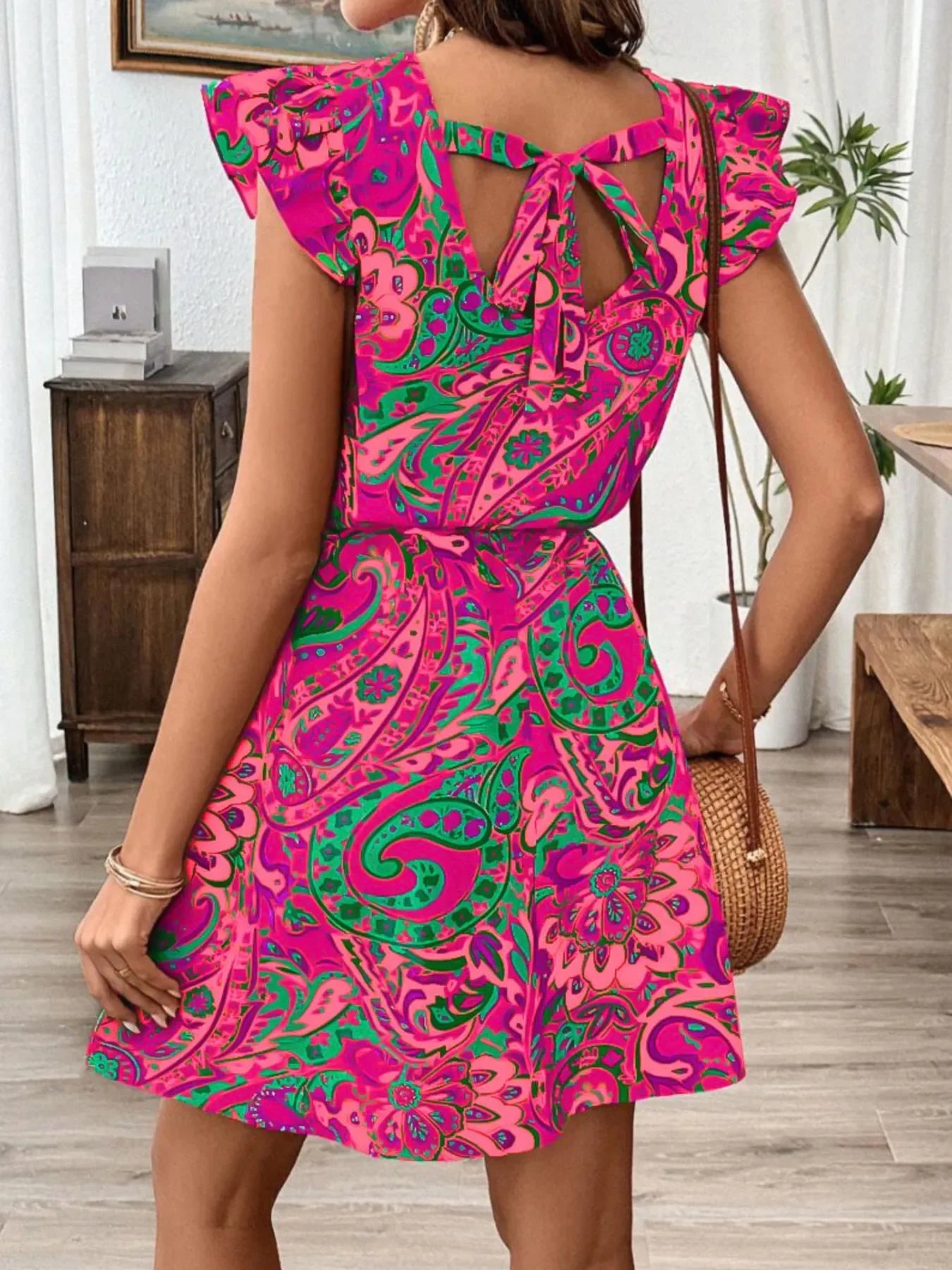 Paisley Print Ruffle Sleeve Belted Mini Dress Silhouette - Southern Shores Clothing