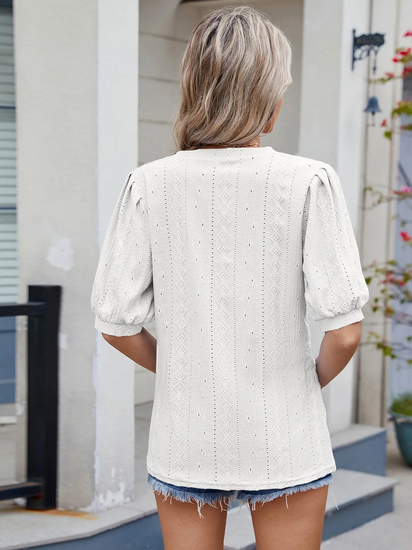 Spade Eyelet V-Neck Puff Sleeve Rayon Top - Southern Shores Clothing