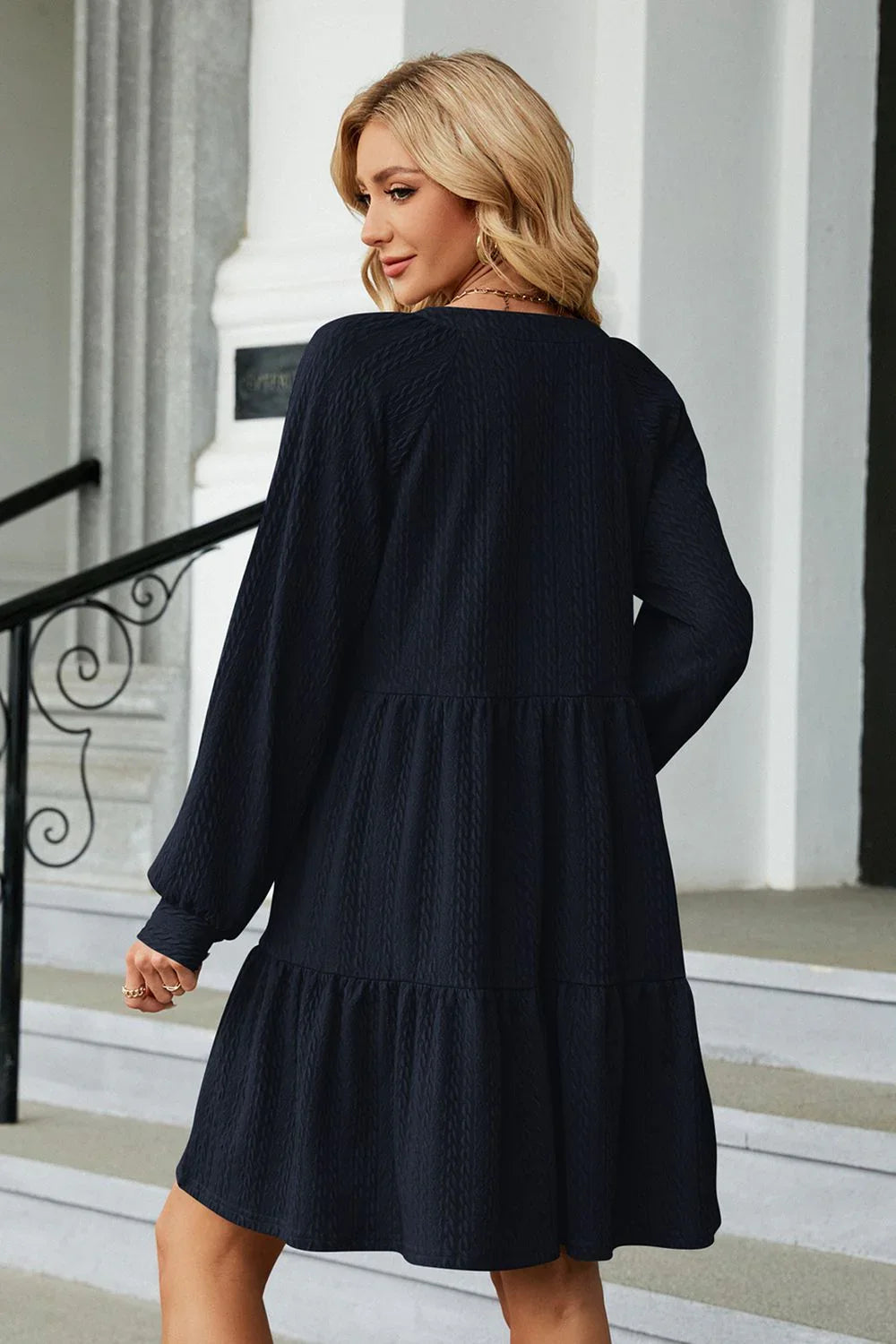 Notched Neck Long Sleeve Mini Dress - Southern Shores Clothing