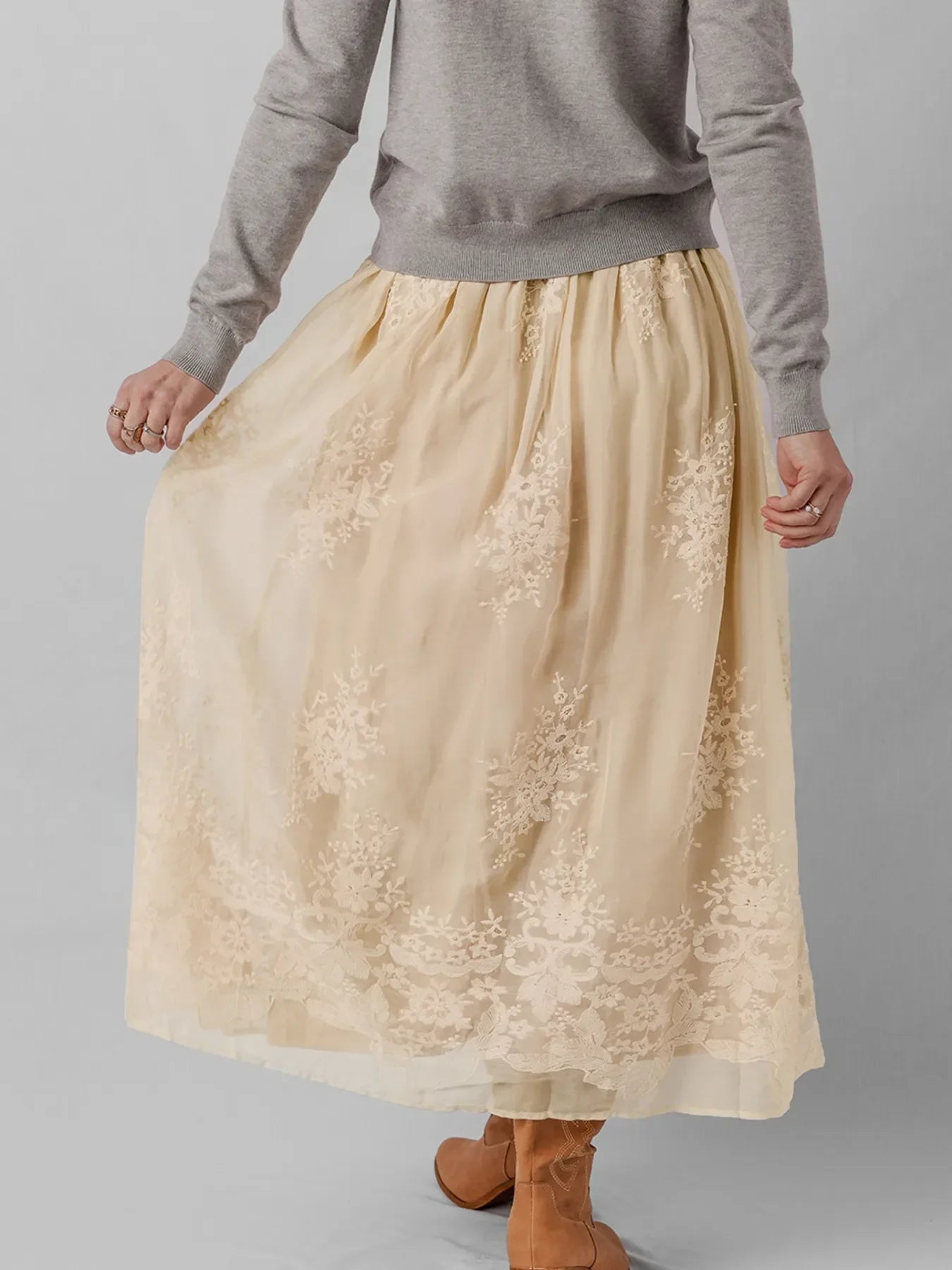 Flowing Embroidered Mesh Overlay Midi Skirt - Southern Shores Clothing