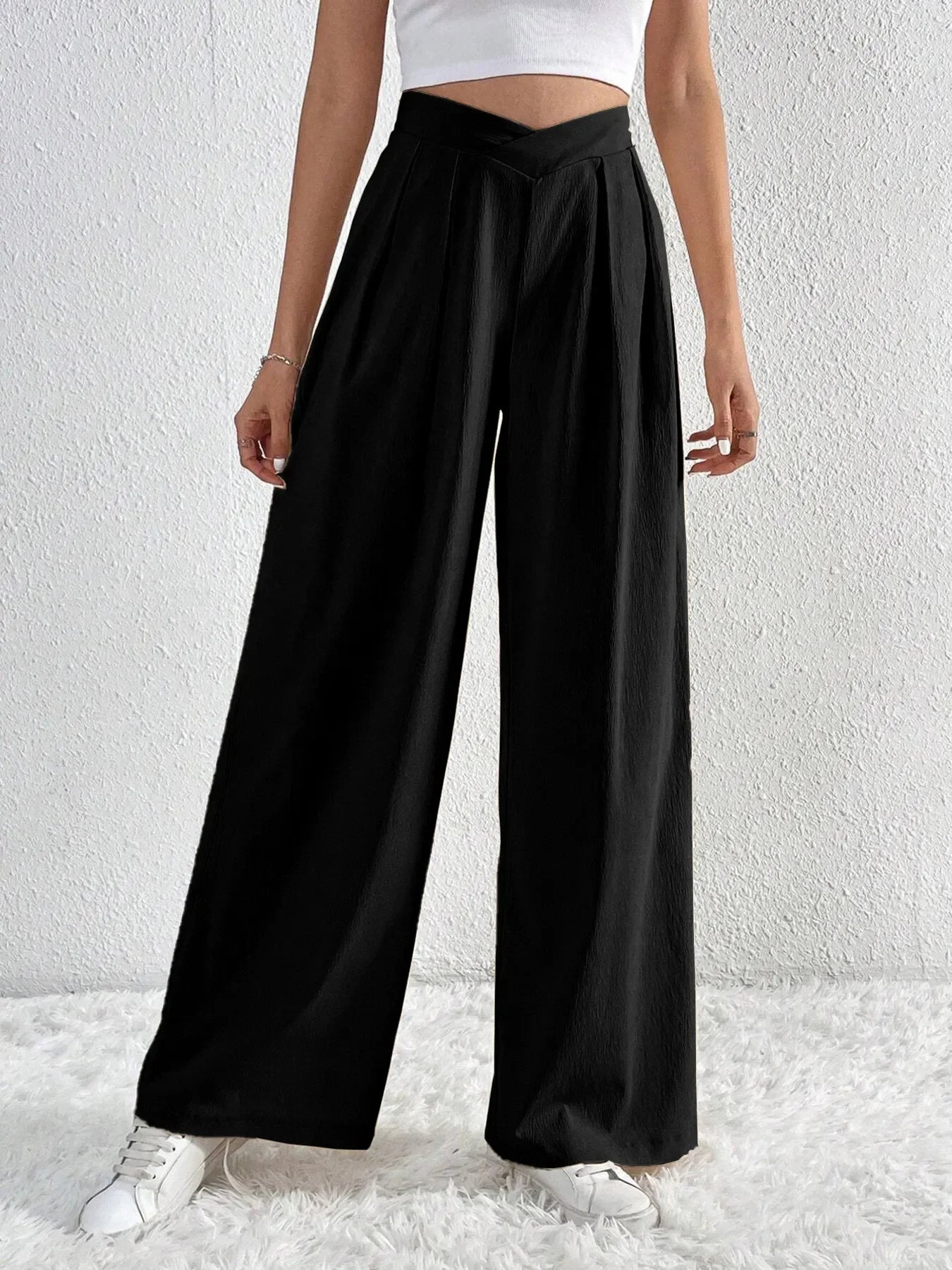 V-Waisted Ruched Front Flowing Wide Leg Pants Casual Wear - Southern Shores Clothing