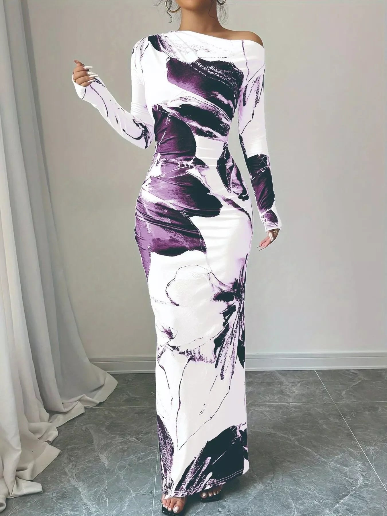 Floral One Shoulder Long Sleeve Maxi Dress - Southern Shores Clothing