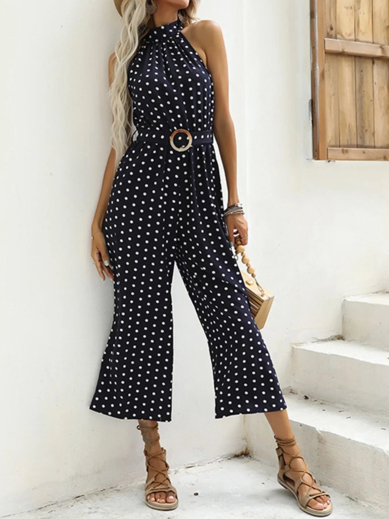 Polka Dot Halter Neck Wide Leg Jumpsuit Style - Southern Shores Clothing