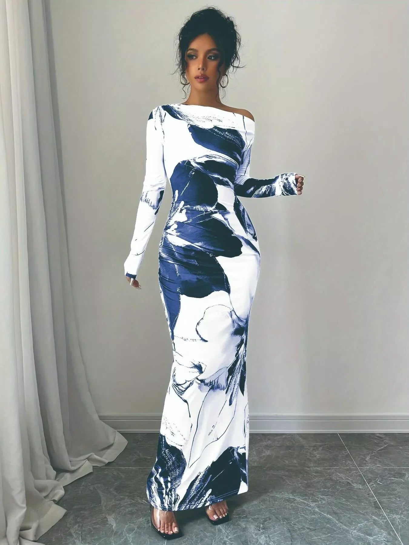 Floral One Shoulder Long Sleeve Maxi Dress - Southern Shores Clothing