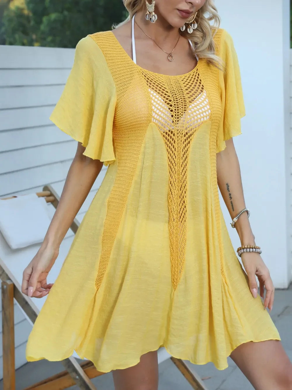 Openwork Flutter Sleeve Swim Cover Up Dress One Size