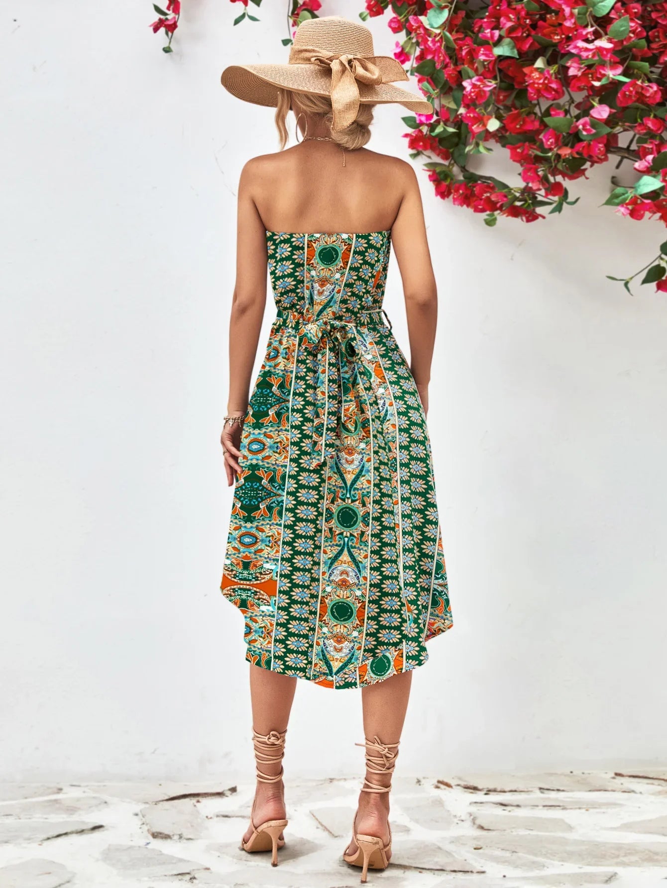 Printed Strapless Tie Belt Dress - Southern Shores Clothing