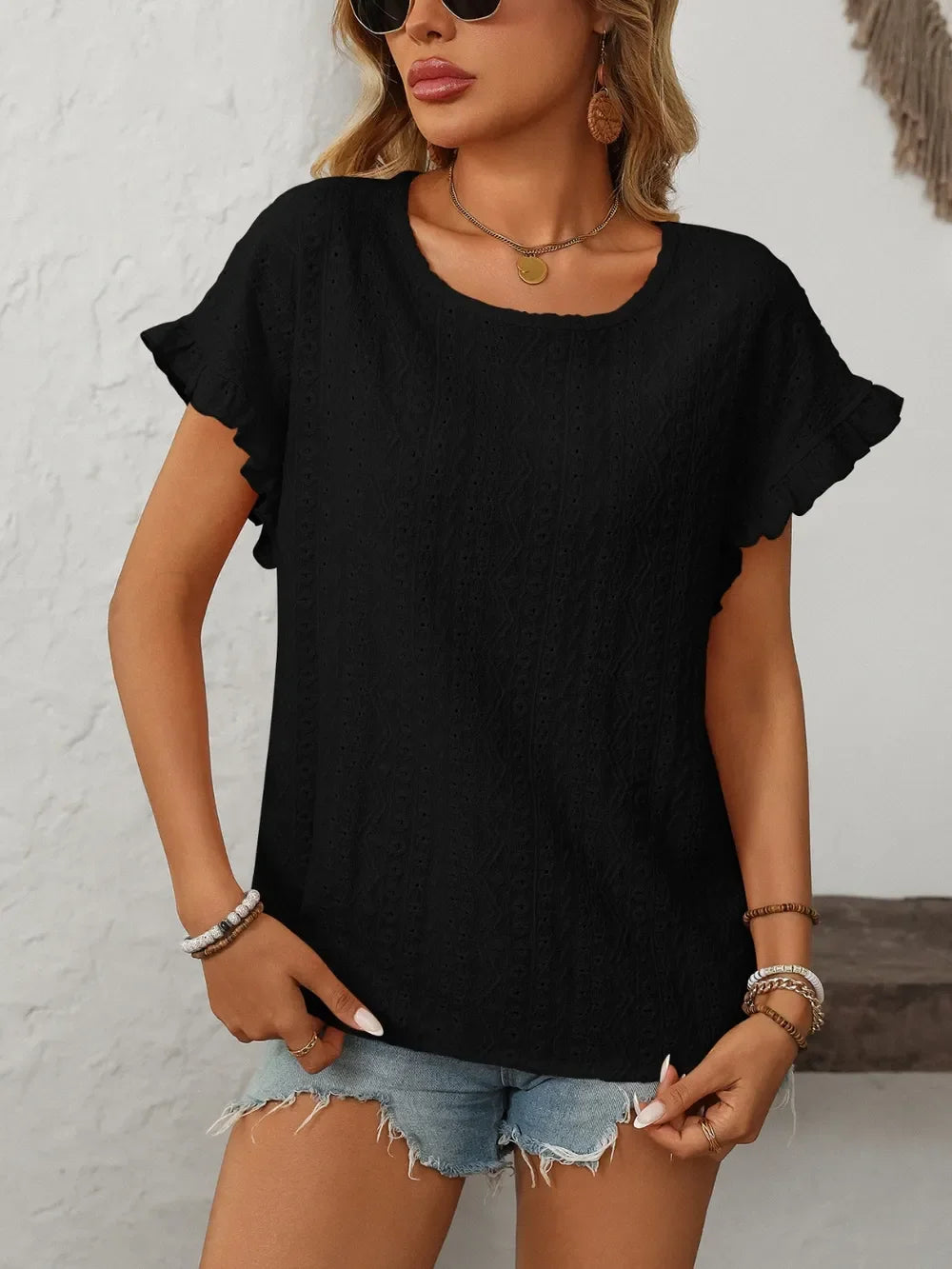 Eyelet Frill Round Neck Short Sleeve Top - Southern Shores Clothing