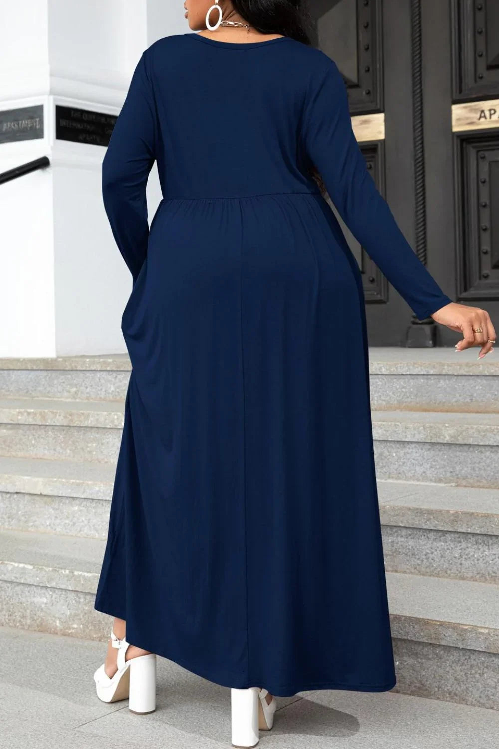Plus Size Round Neck Long Sleeve Maxi Dress With Pockets - Southern Shores Clothing
