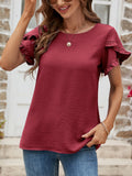 Textured Petal Sleeve Round Neck Tee Polyester - Southern Shores Clothing