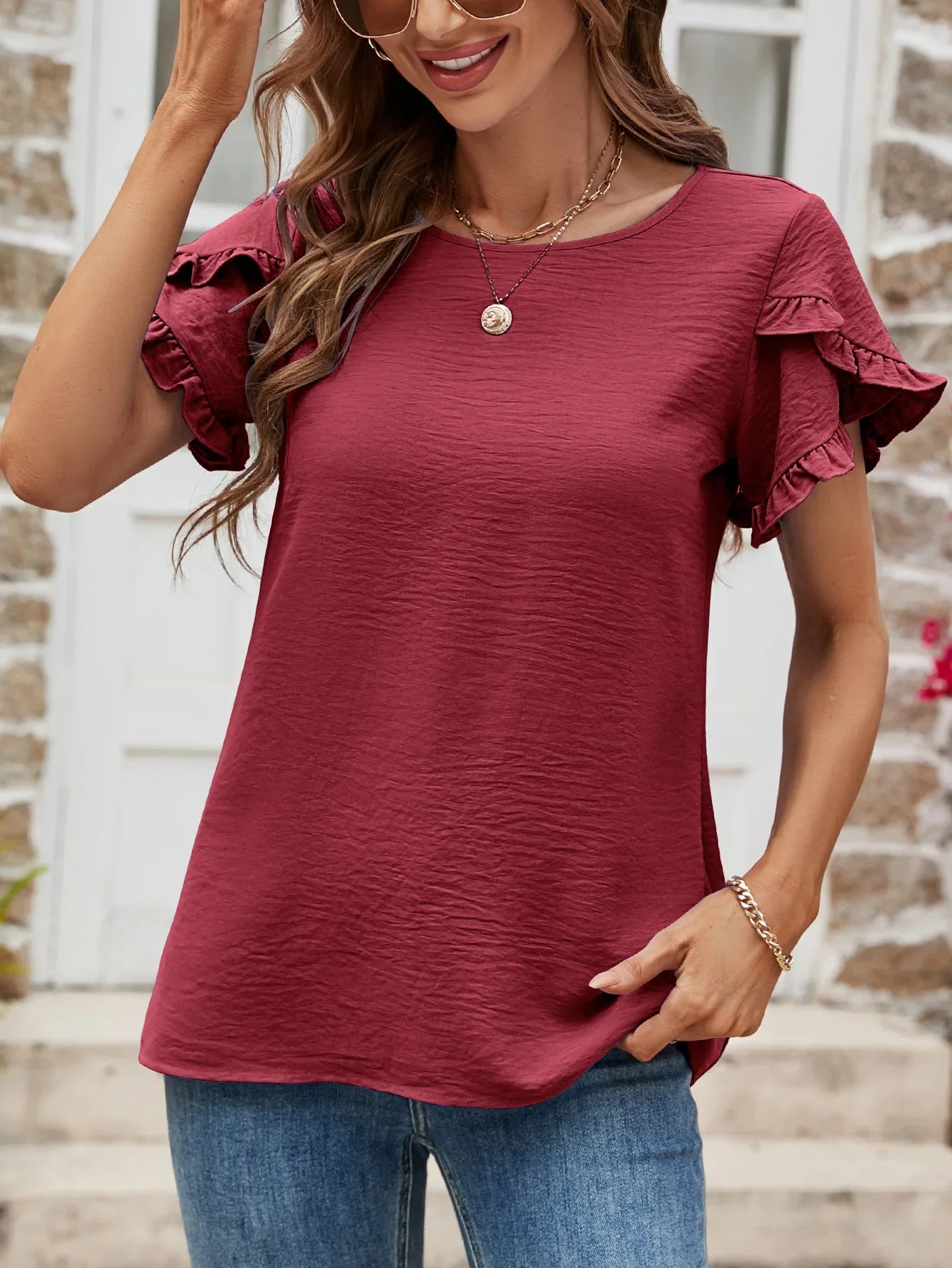 Textured Petal Sleeve Round Neck Tee Polyester - Southern Shores Clothing