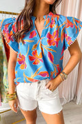 Floral Print Notched Pompom Trim Flutter Sleeves Blouse - Southern Shores Clothing