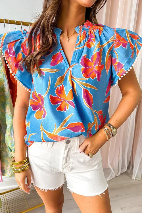 Floral Print Notched Pompom Trim Flutter Sleeves Blouse - Southern Shores Clothing