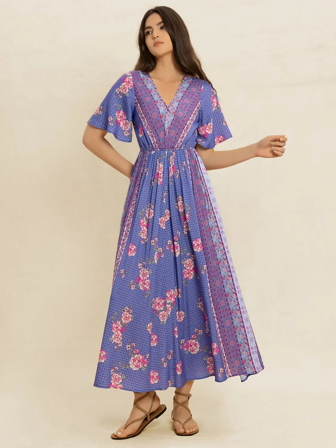 Printed Short Sleeve Midi Dress With Floral Pattern And V-Neck - Southern Shores Clothing