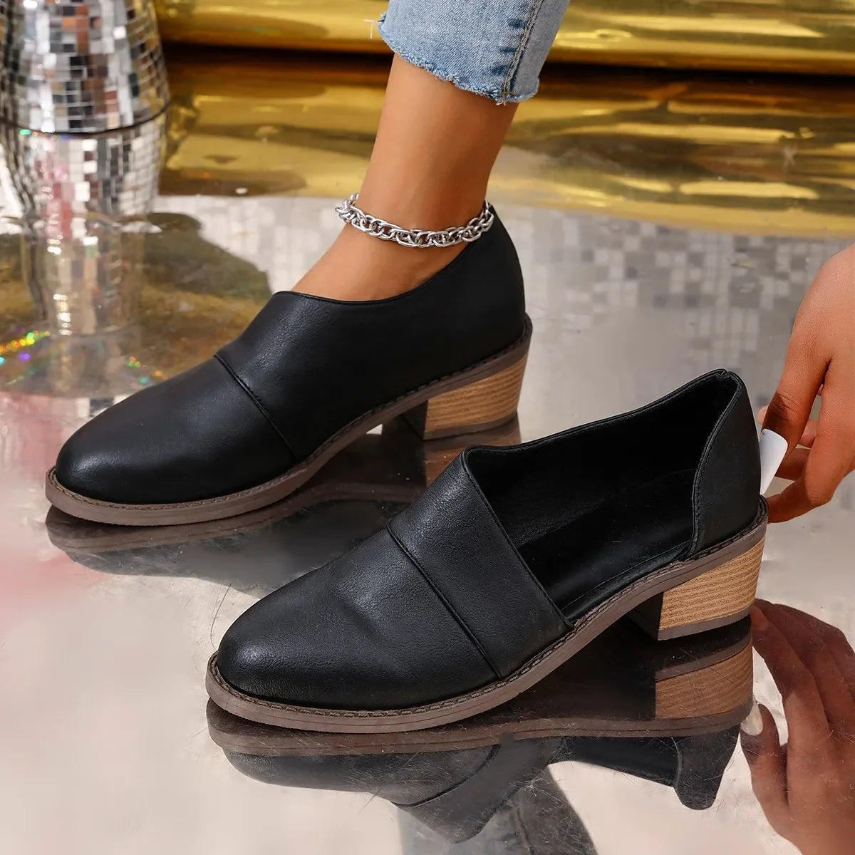 Point Toe Block Heel Pumps With Chain Detail - Southern Shores Clothing