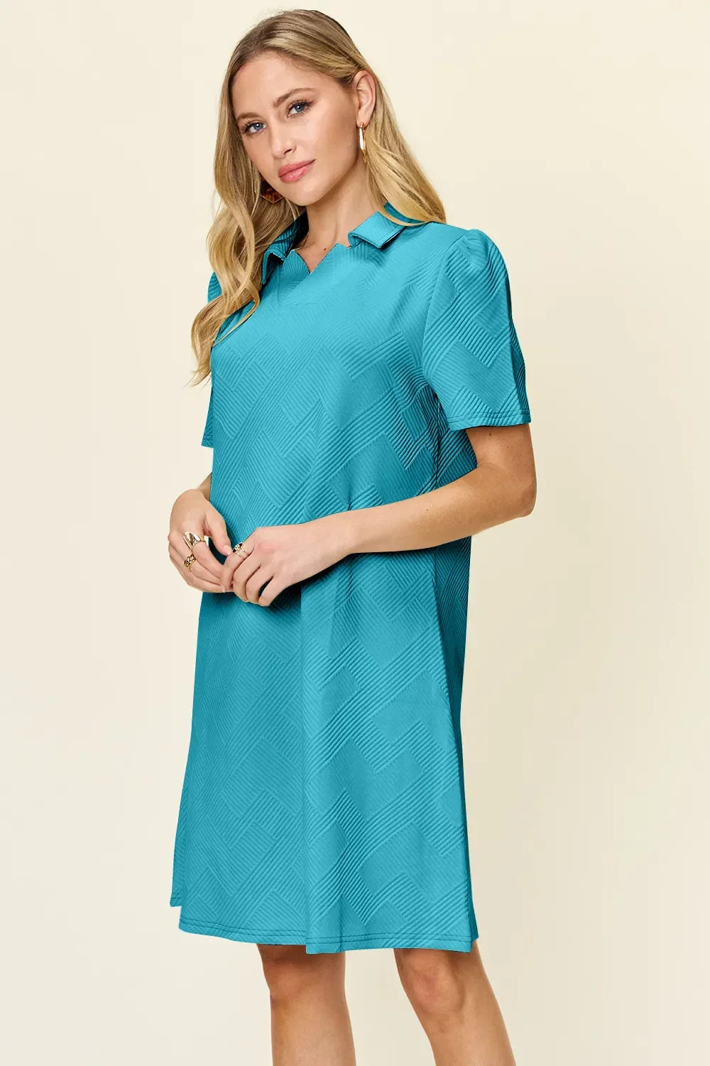 Textured Collared Neck Short Sleeve Dress - Southern Shores Clothing