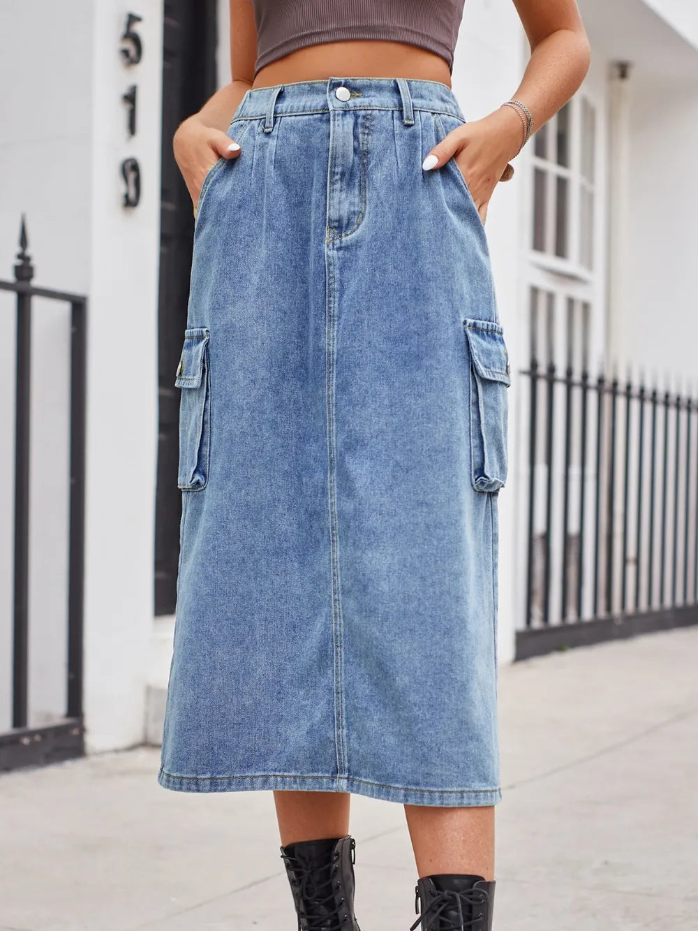 Coastal Style Slit Buttoned Denim Skirt with Pockets
