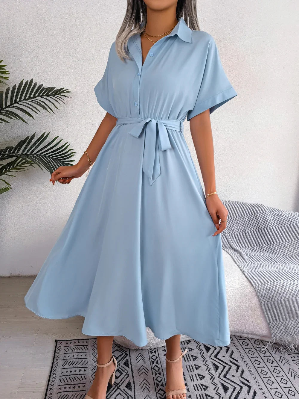 Short Sleeve Collared Tie Belt Dress - Southern Shores Clothing