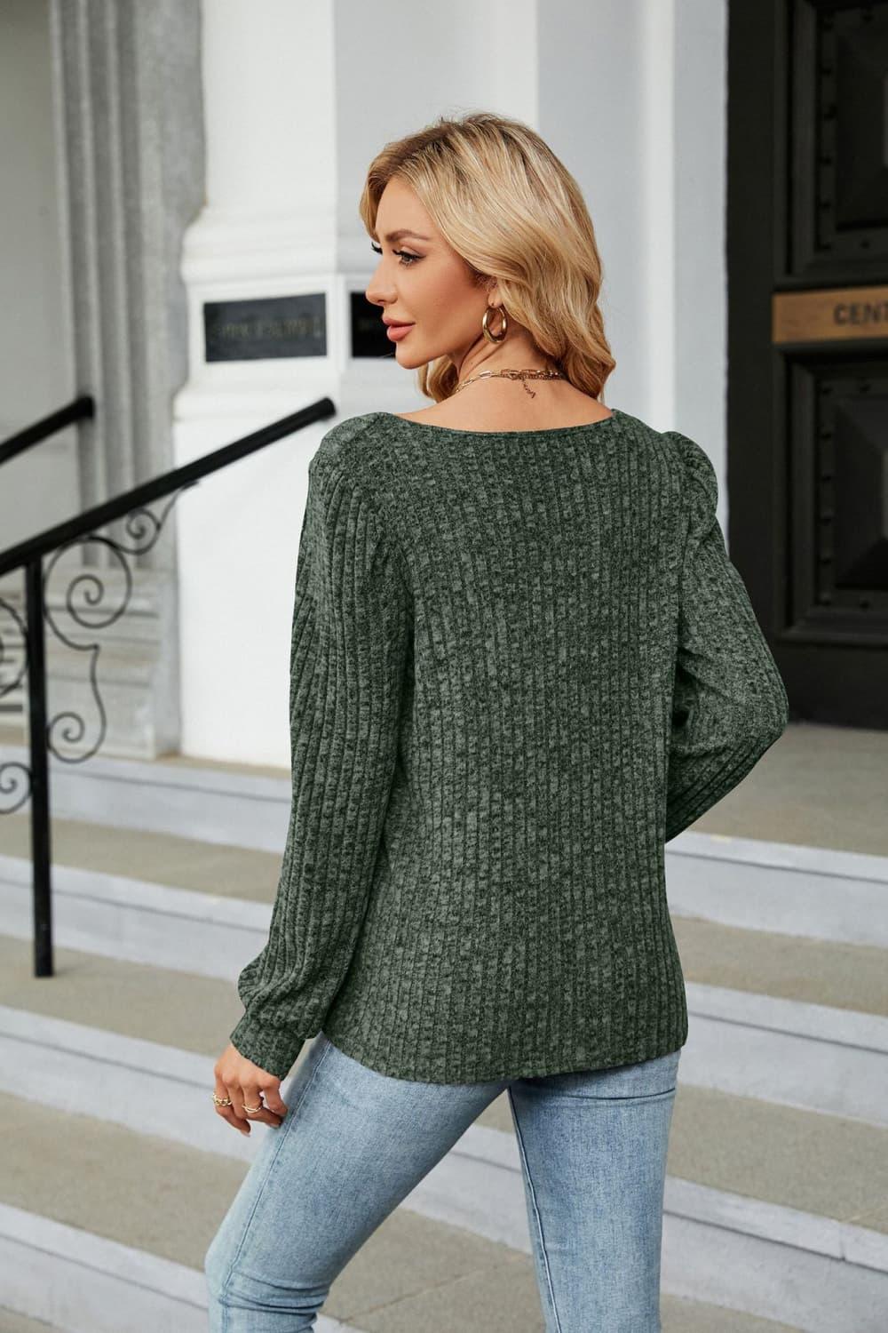 Ribbed Square Neck Long Sleeve T Shirt Rayon Blend Top - Southern Shores Clothing
