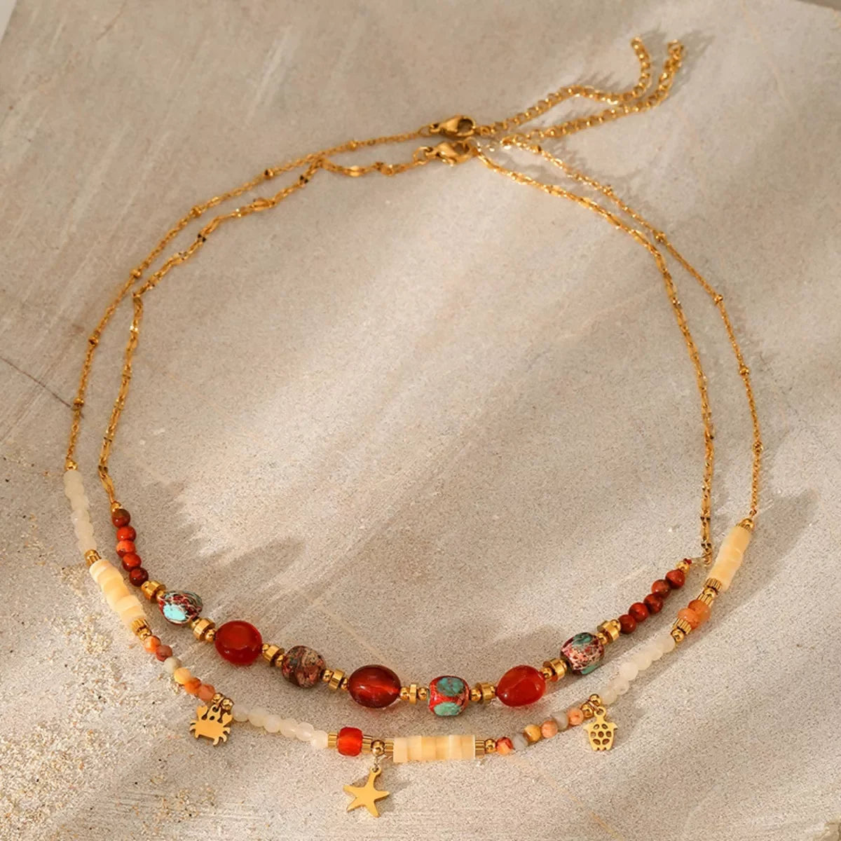 Two-Piece 18K Gold-Plated Natural Stone Bead Necklace Set - Southern Shores Clothing