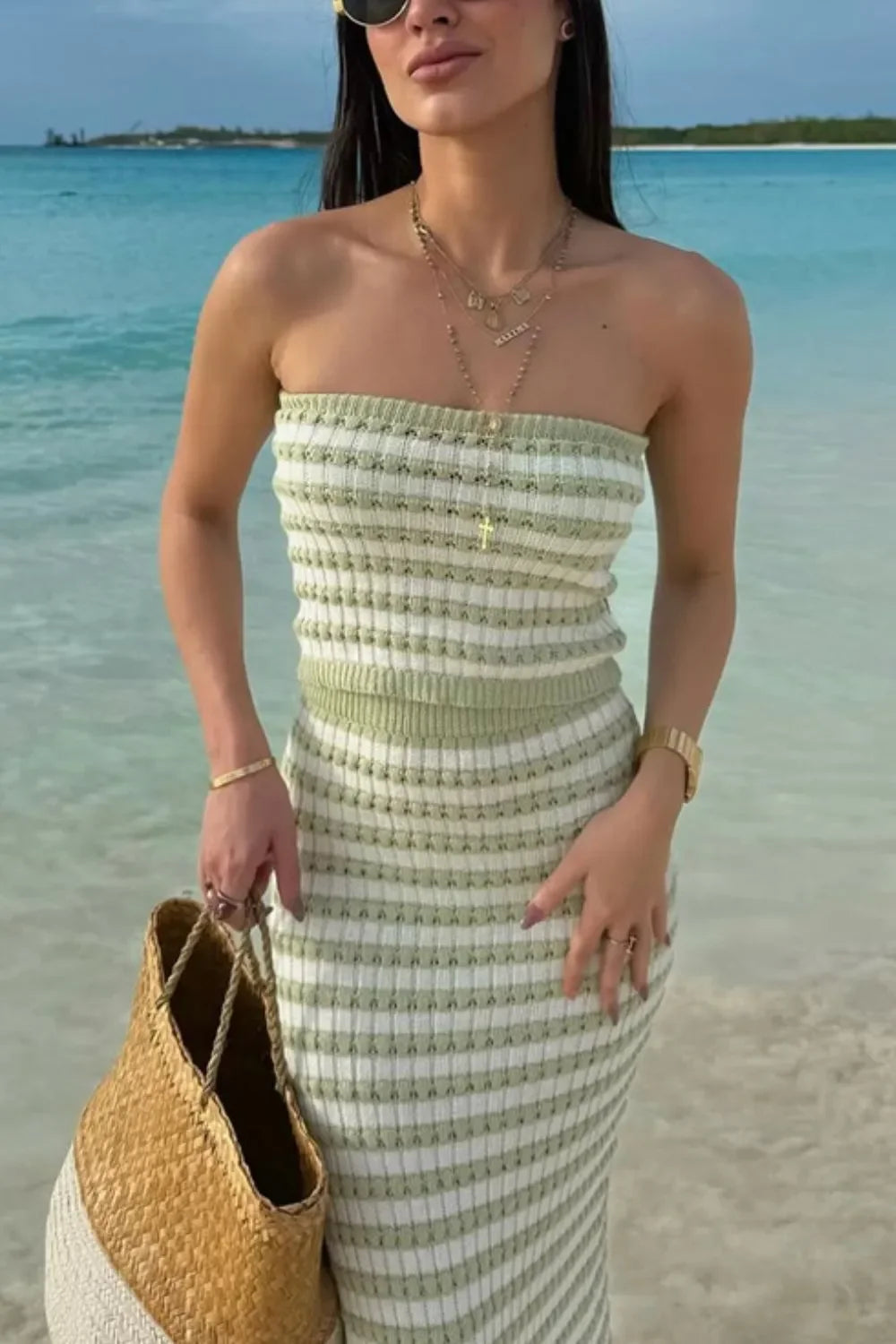 Contrast Striped Tube Top and Skirt Sweater Set - Southern Shores Clothing