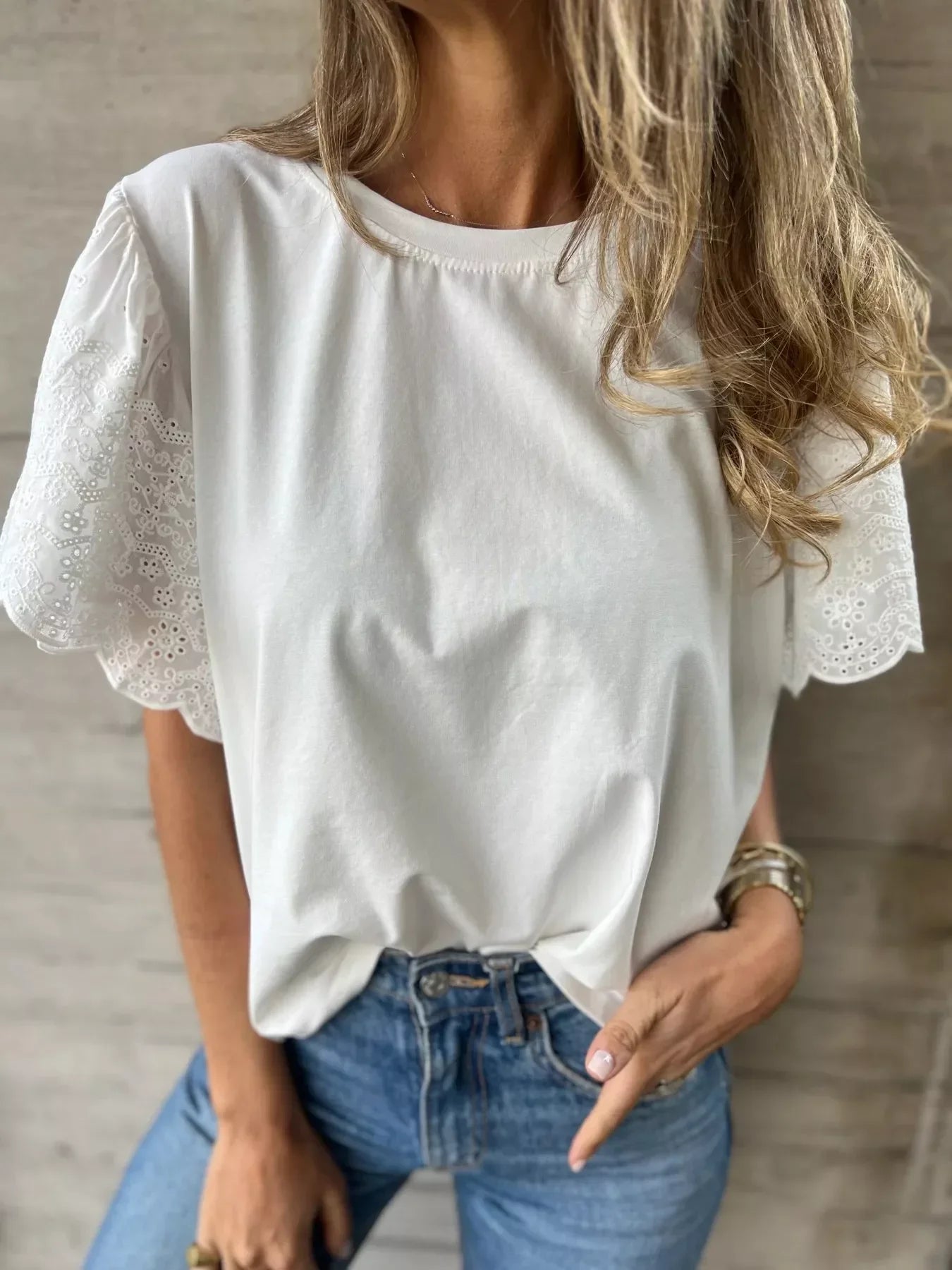 Plus Size Lace Detail Round Neck T-Shirt - Southern Shores Clothing