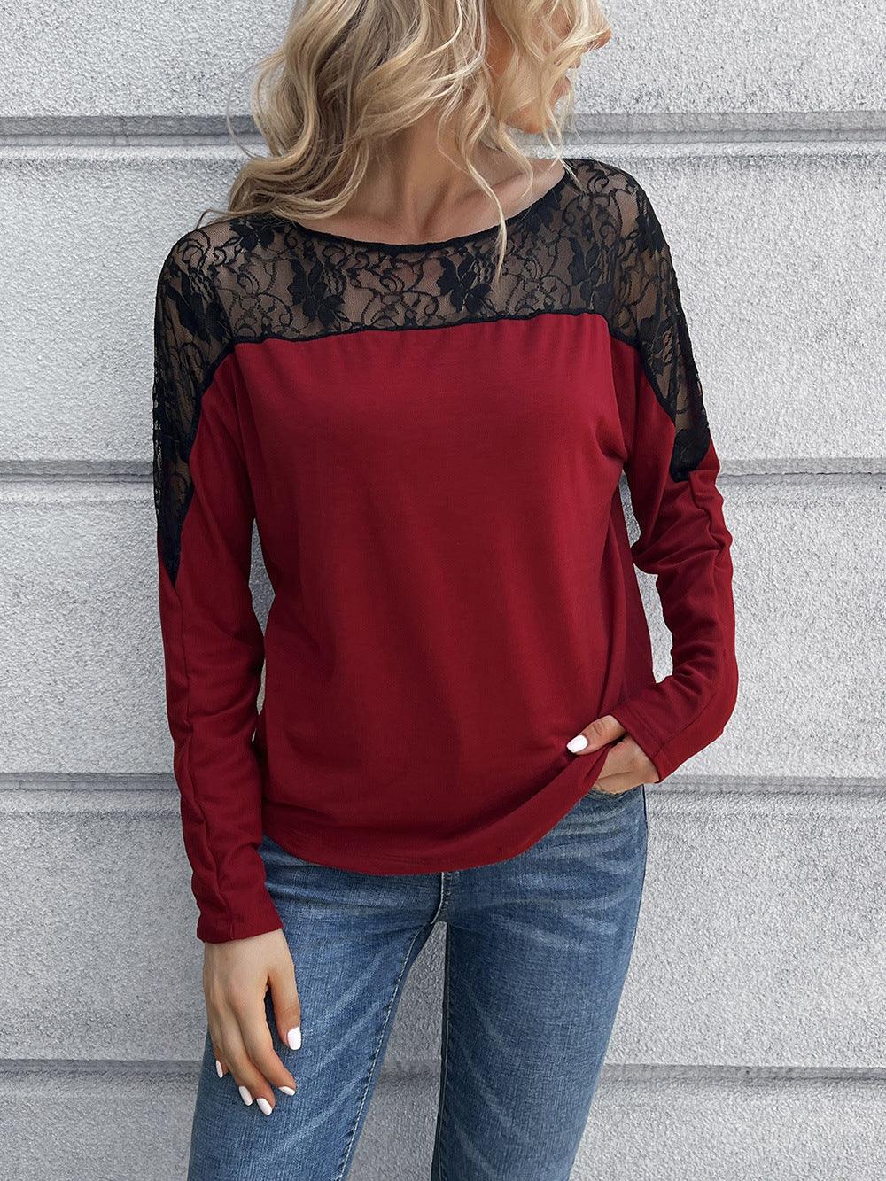 Lace Long Sleeve Round Neck Two Tone T Shirt - Southern Shores Clothing