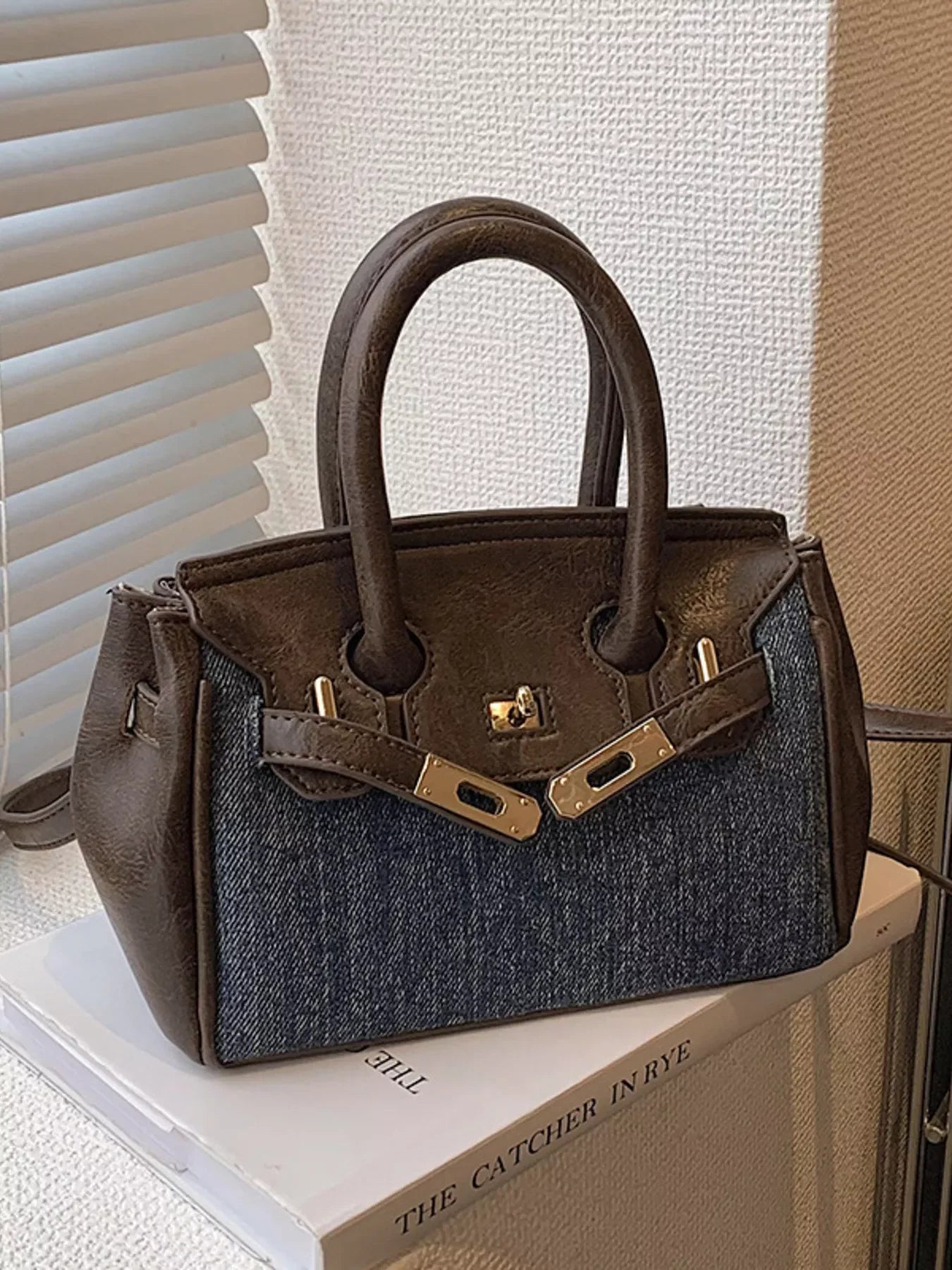 Top Handle Crossbody Bag Denim Accent Details - Southern Shores Clothing