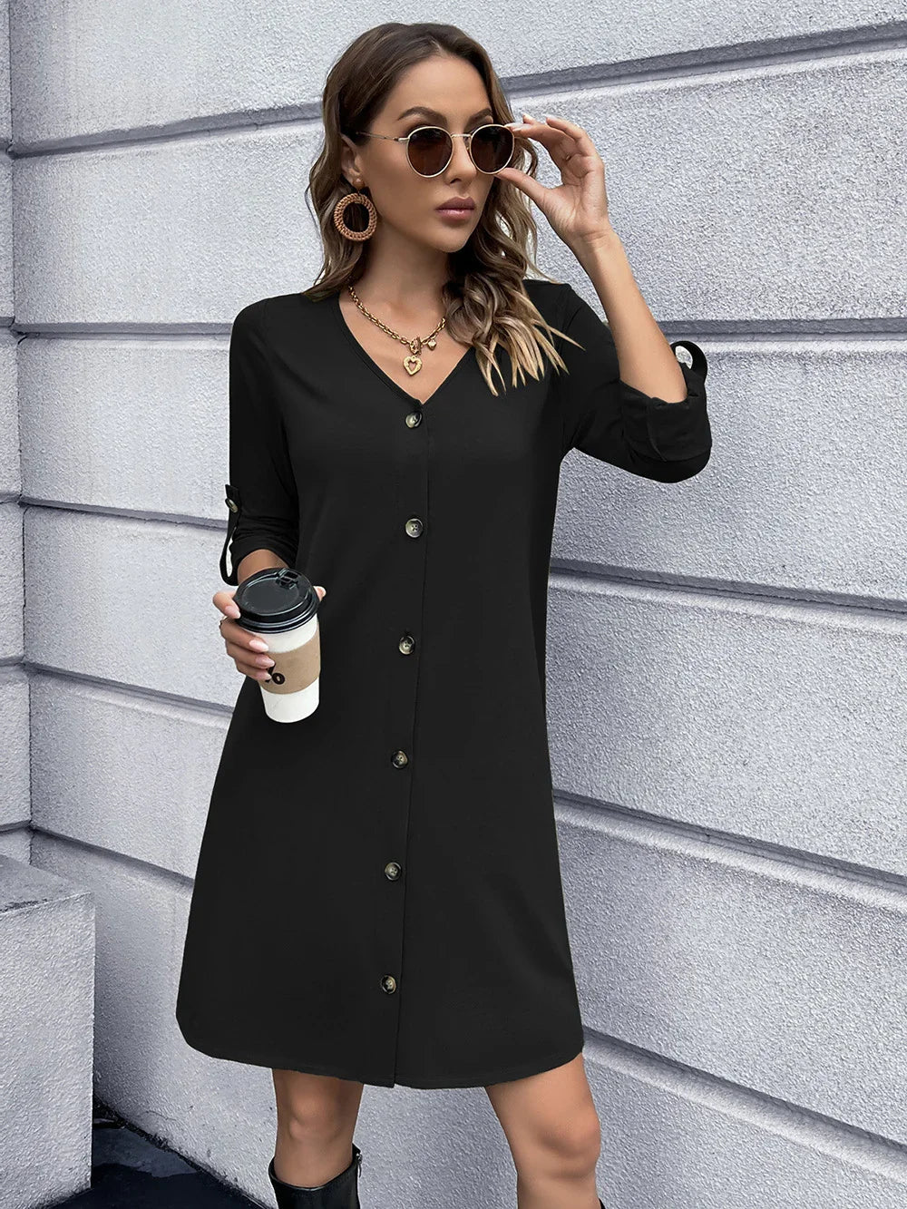 Casual Button Down V Neck Mini Dress Solid - Southern Shores Clothing