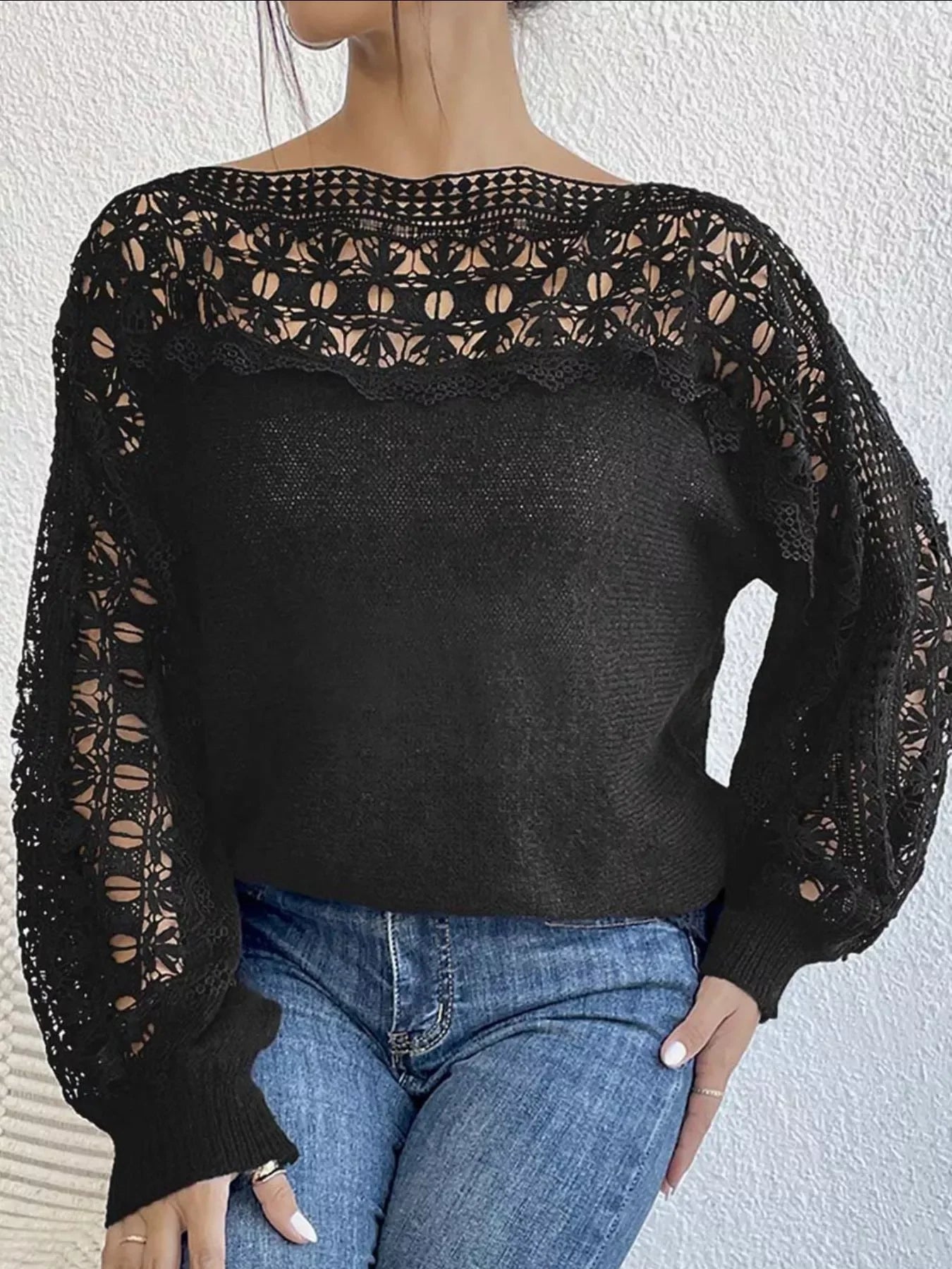 Crochet Lace Yoke Long Sleeve Knit Slim Fit Casual Sweater - Southern Shores Clothing
