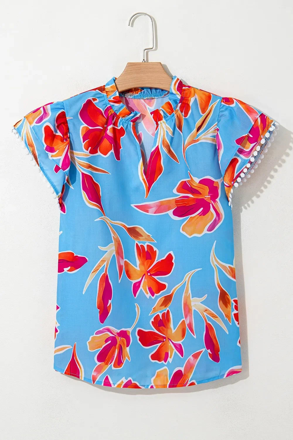 Floral Print Notched Pompom Trim Flutter Sleeves Blouse - Southern Shores Clothing