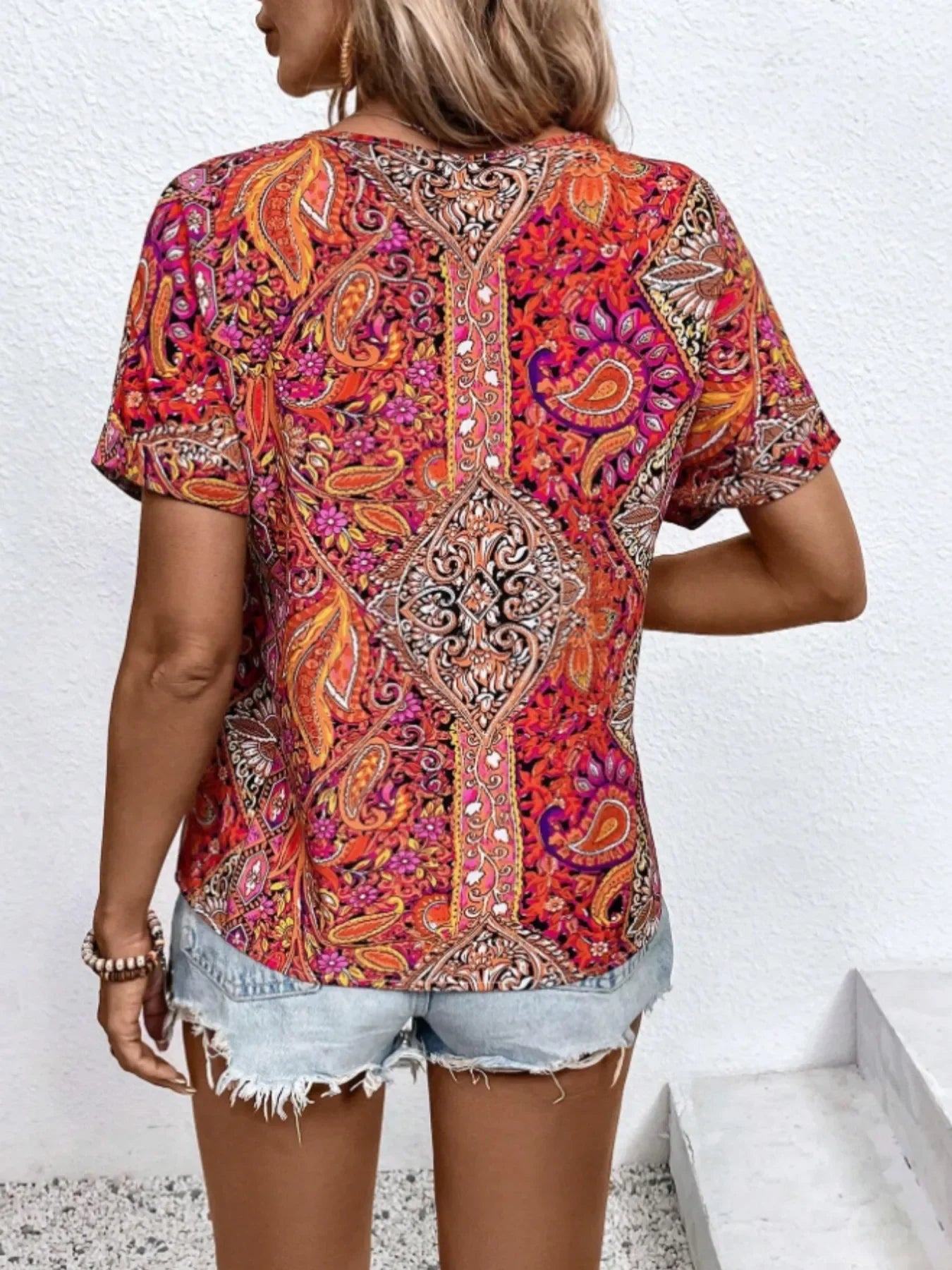 Bohemian Paisley Print V-Neck Short Sleeve T-Shirt - Southern Shores Clothing