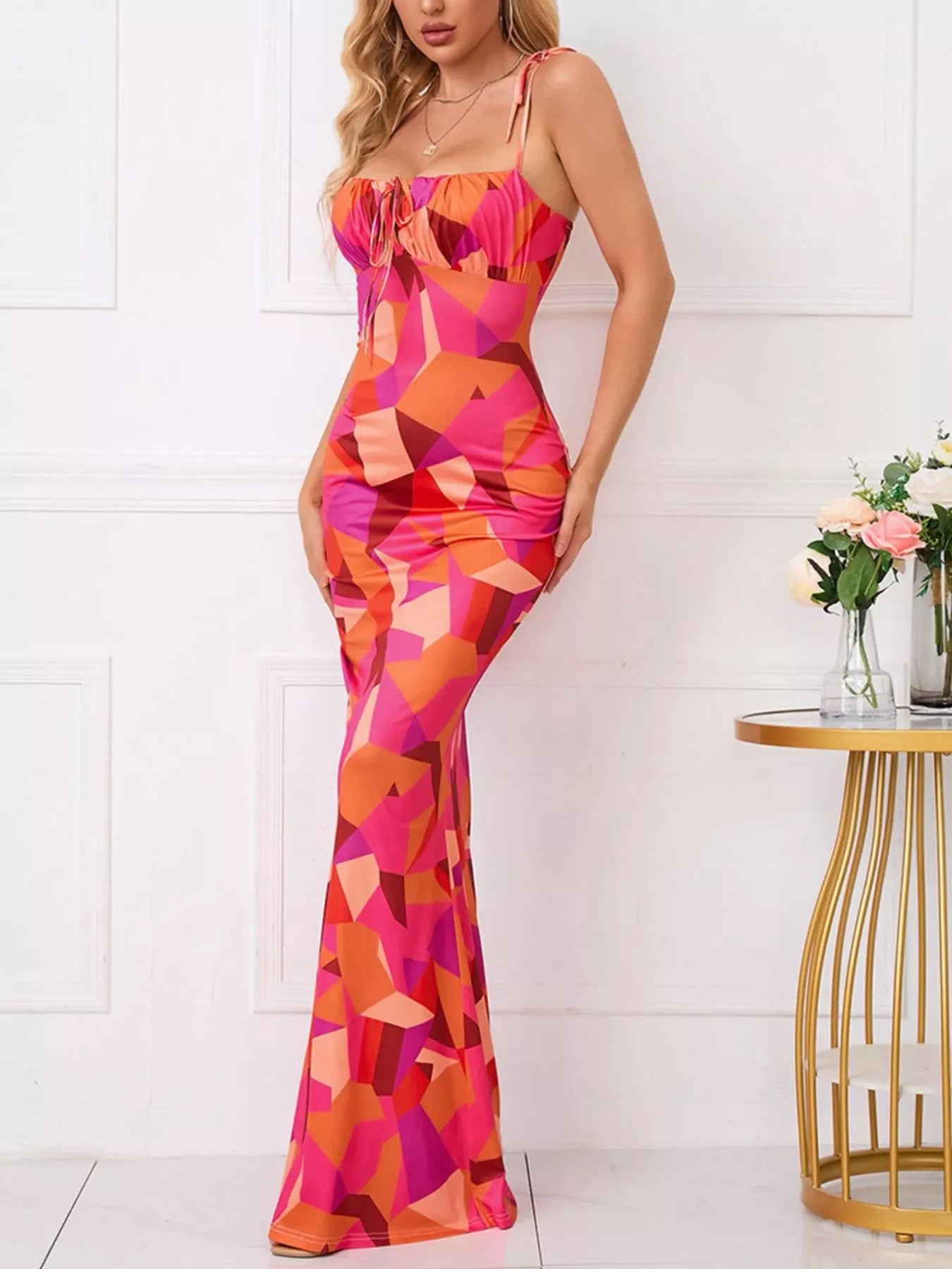 Floral Print Tie Strap Bodycon Maxi Dress - Southern Shores Clothing