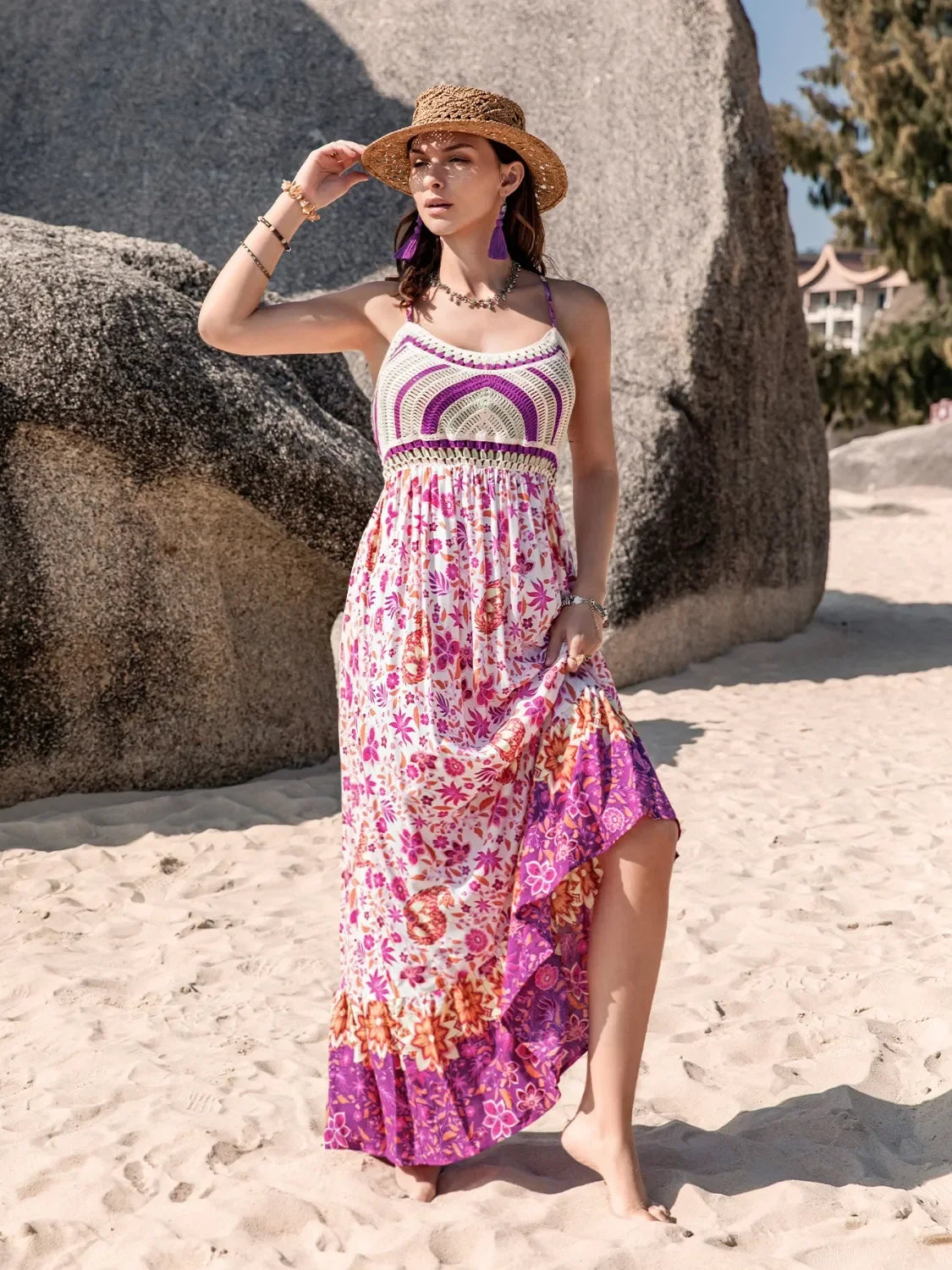 Printed Scoop Neck Cami Maxi Dress With Ruched Bodice Print - Southern Shores Clothing