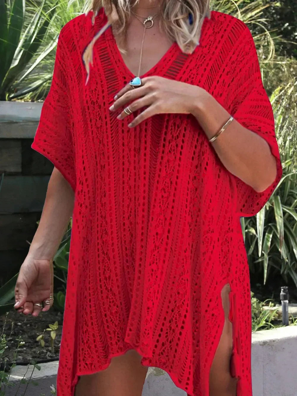 Angel Wings Cutout V-Neck Cover-Up With Tassel - Southern Shores Clothing