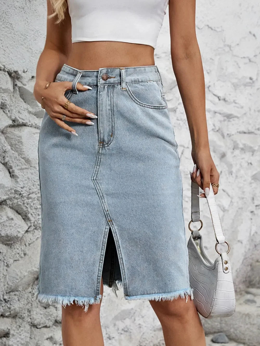 Stretchy Denim Slit Skirt With Raw Hem Detailing - Southern Shores Clothing
