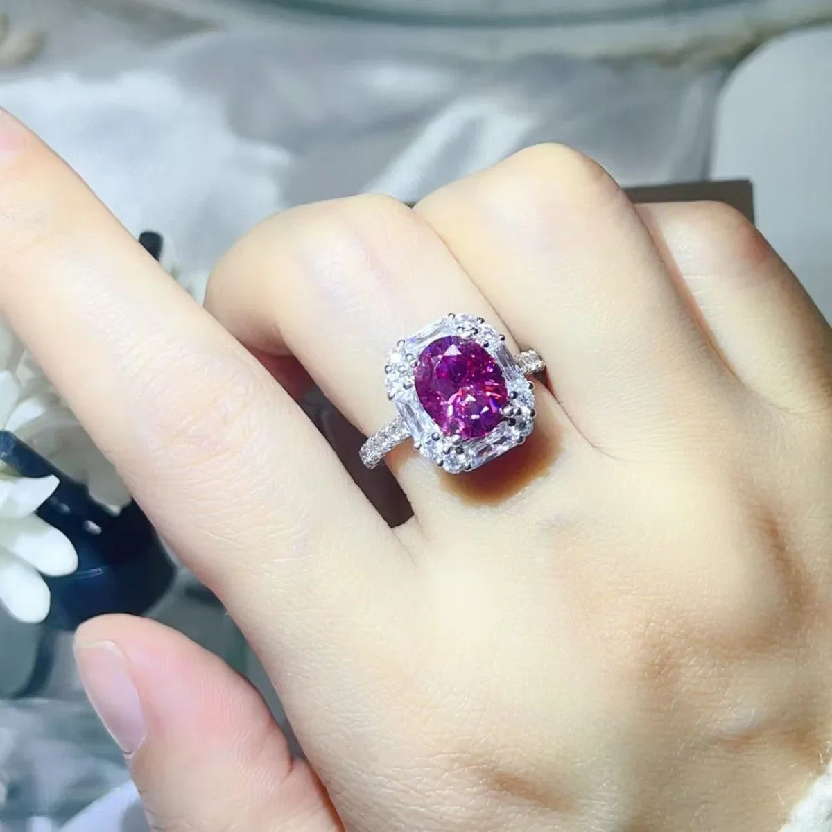 Three Carat Moissanite Ring In Sterling Silver With Halo Setting - Southern Shores Clothing