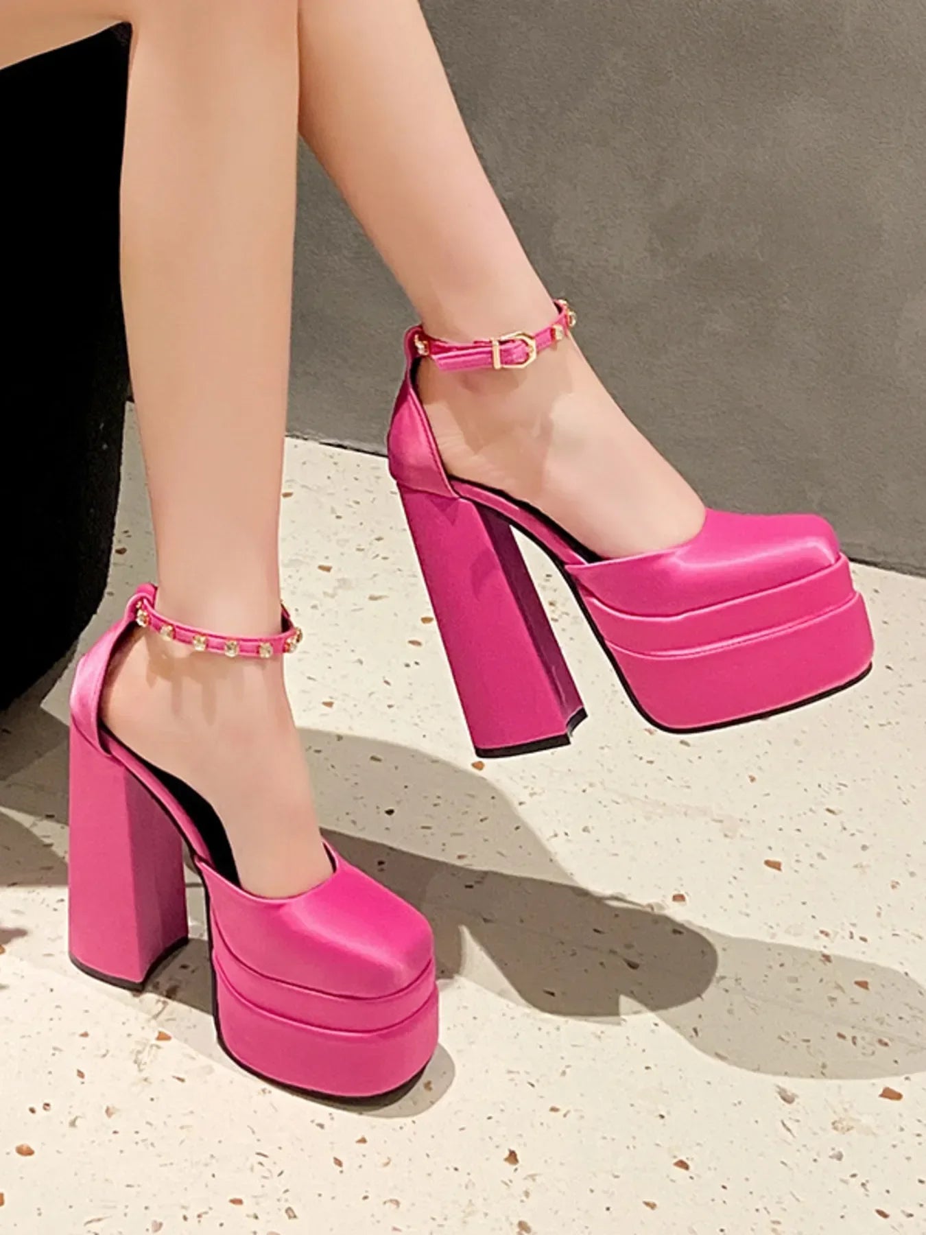 Platform High Heel Ankle Strap Pumps Pointed Toe