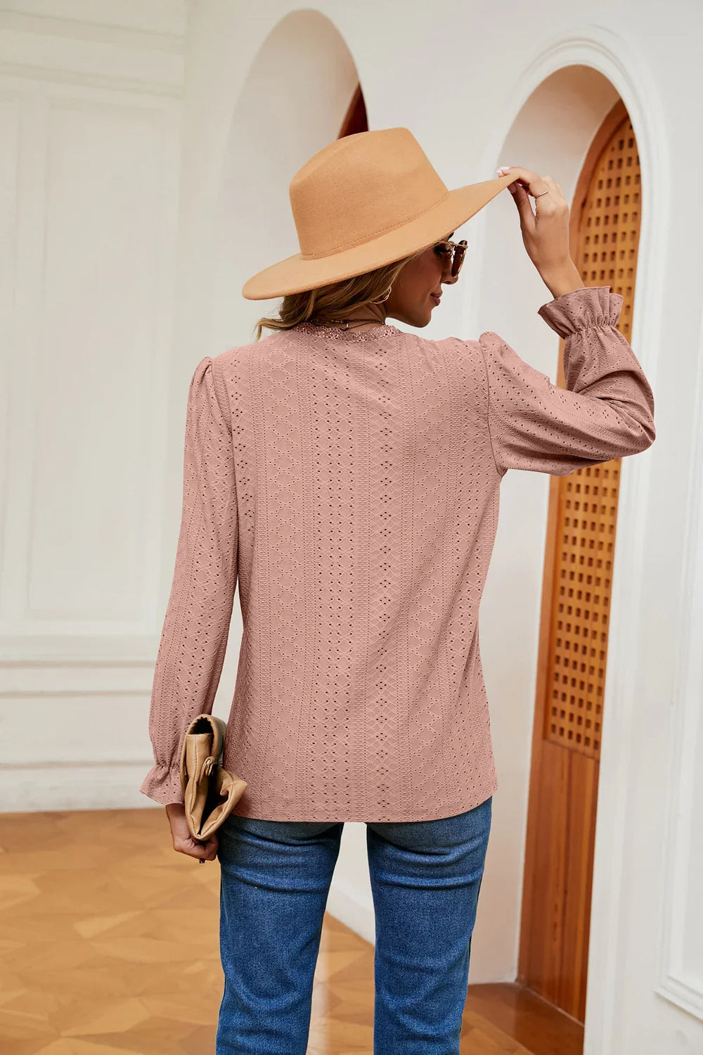 Southern Shores V-Neck Flounce Sleeve Lace Blouse In Stretch Rayon Blend Fabric For Versatile Wear - Southern Shores Clothing