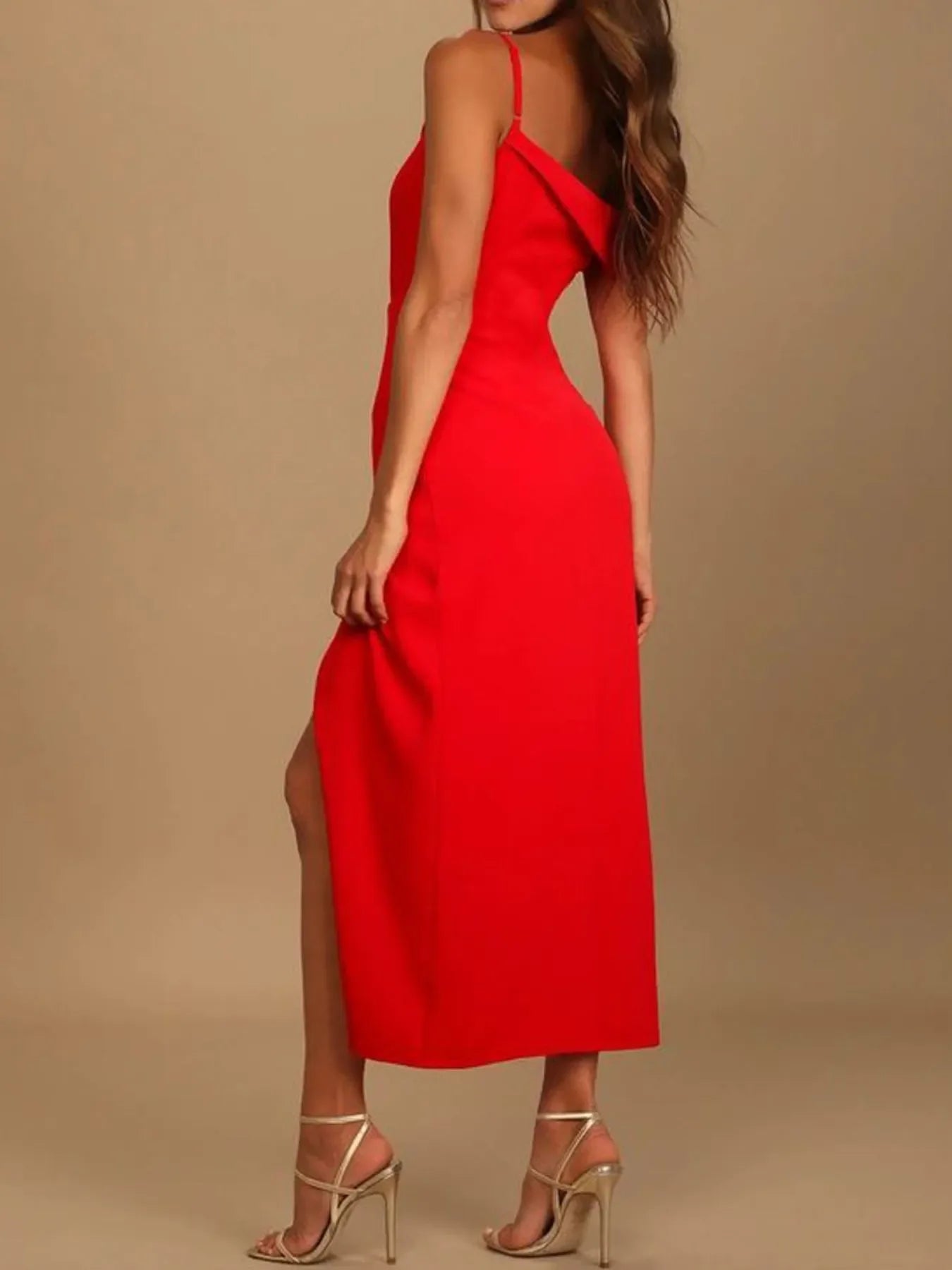 Split Asymmetrical Neck Midi Dress With Slit - Southern Shores Clothing
