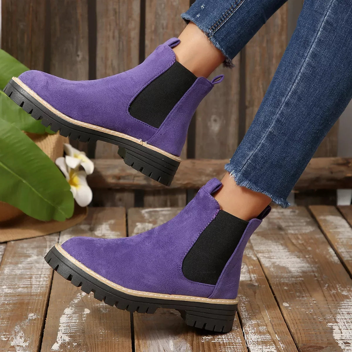 Round Toe Block Heel Boots Suede And Rubber - Southern Shores Clothing