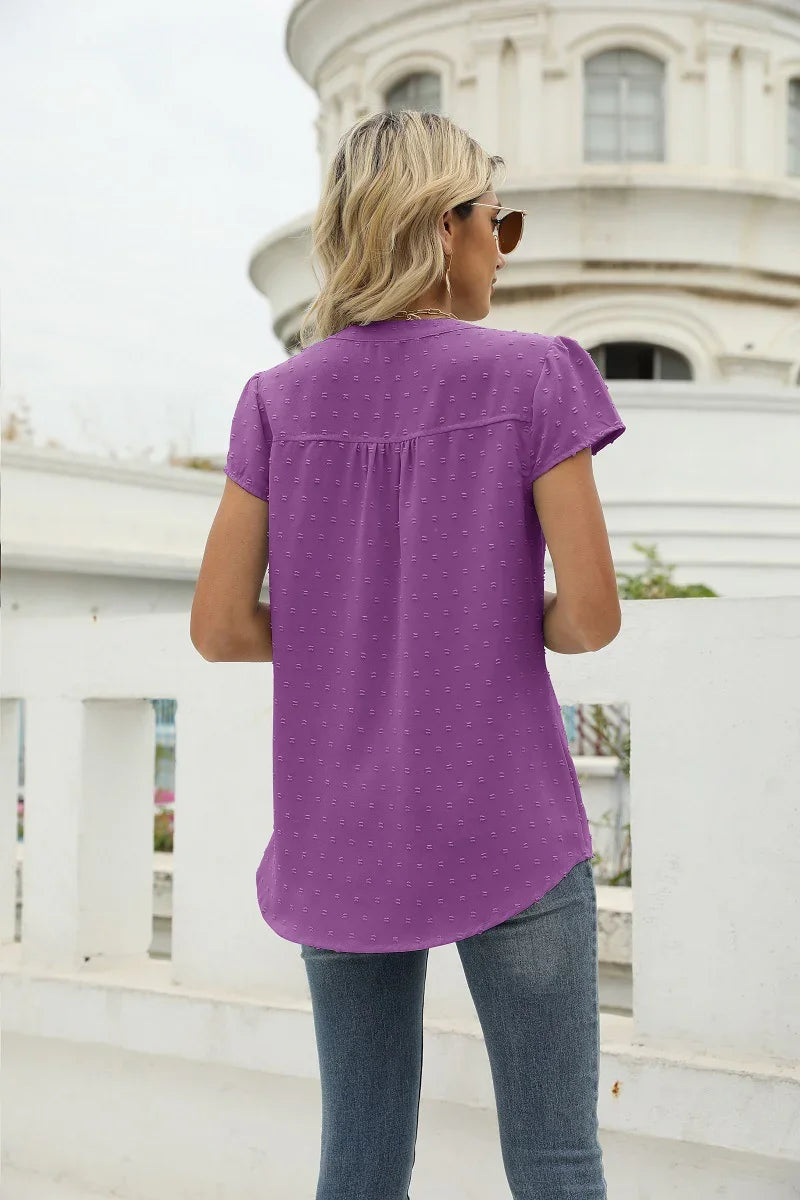 Swiss Dot Notched Neck Short Sleeve Top Casual Wear - Southern Shores Clothing