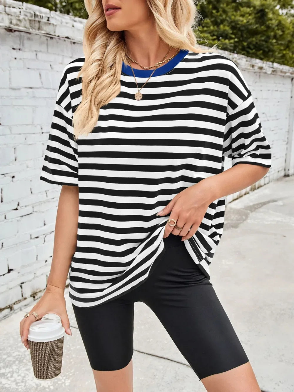 Striped Round Neck Half Sleeve Stretchy T Shirt - Southern Shores Clothing