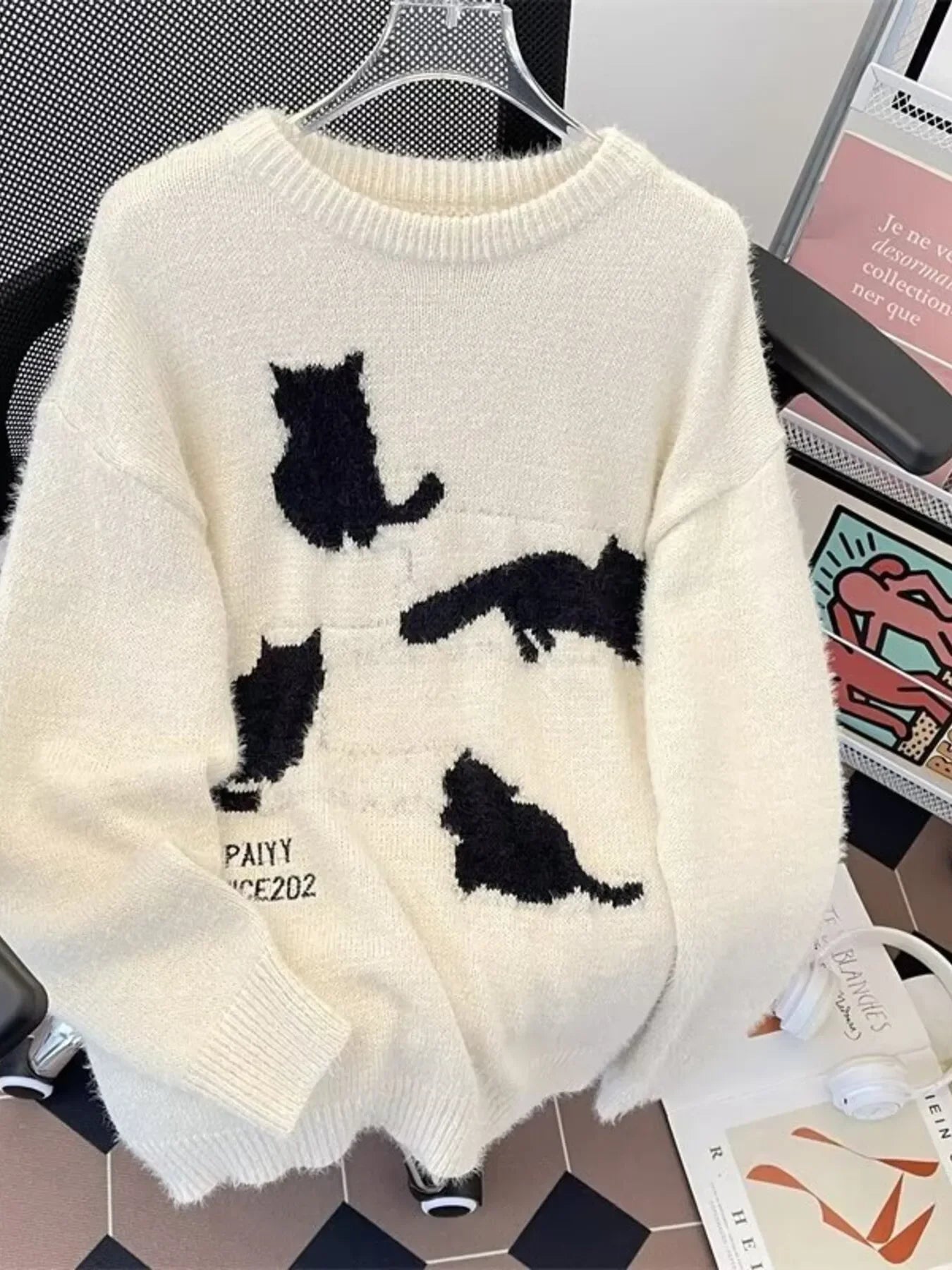 Plus Size Cat Pattern Knitted Pullover Cozy Knitwear - Southern Shores Clothing