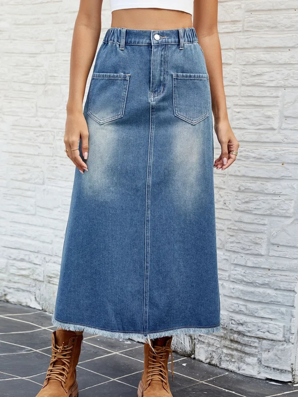 Raw Hem Denim Buttoned Skirt With Pockets - Southern Shores Clothing