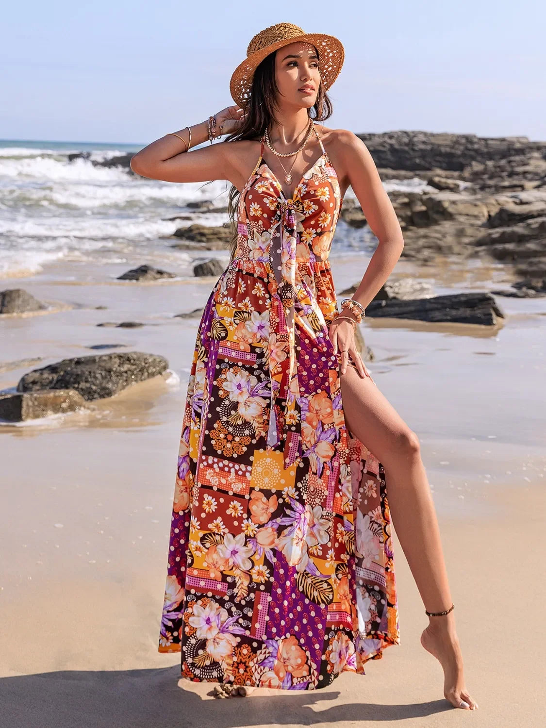 Slit Printed Halter Neck Cami Dress With Tie Front Allover - Southern Shores Clothing