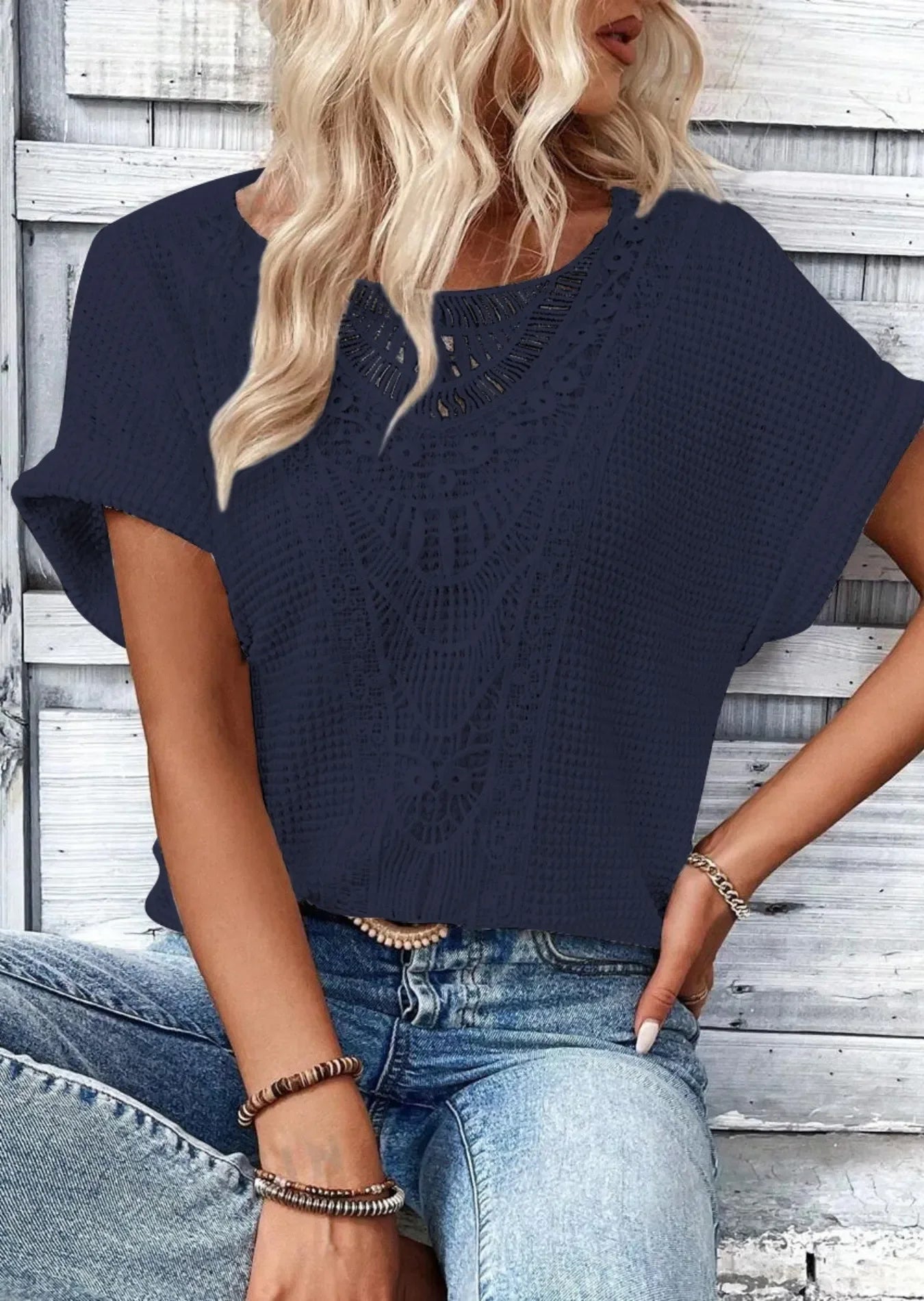 Crochet Lace Short Sleeve T Shirt Casual - Southern Shores Clothing