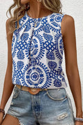 Printed Sleeveless Crew Neck Top With Allover Pattern Boho - Southern Shores Clothing