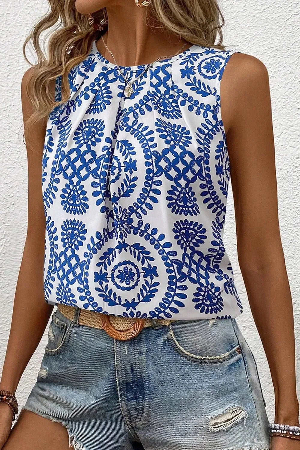 Printed Sleeveless Crew Neck Top With Allover Pattern Boho - Southern Shores Clothing